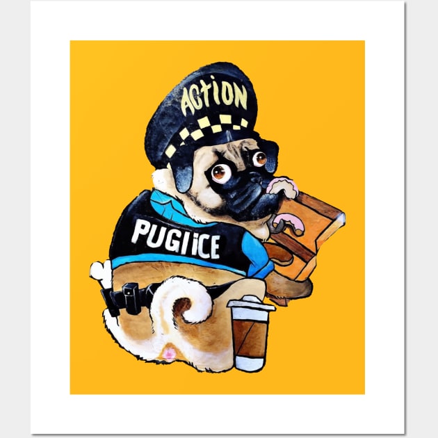 Cute police pug eating pink donuts Wall Art by BlindVibes